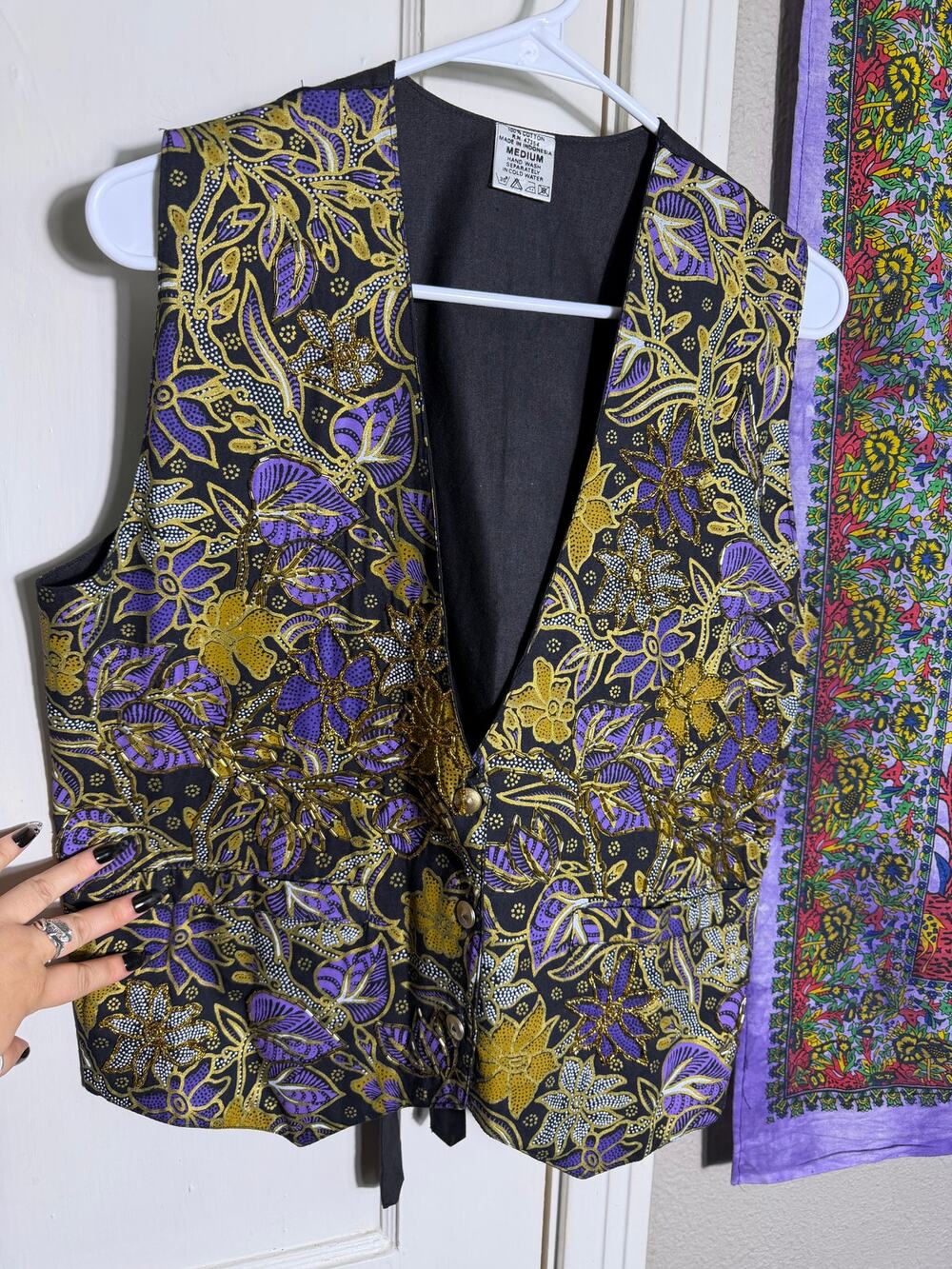 Beaded Floral Vest Black Purple Gold Cotton Boho Art to Wear - Medium